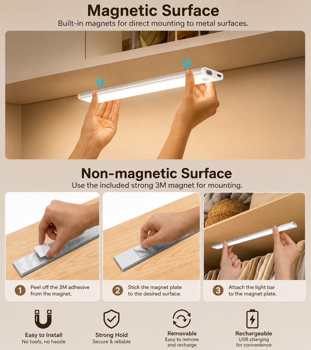 20CM Rechargeable Motion Sensor Under Cabinet LED Light | 3 Color Modes