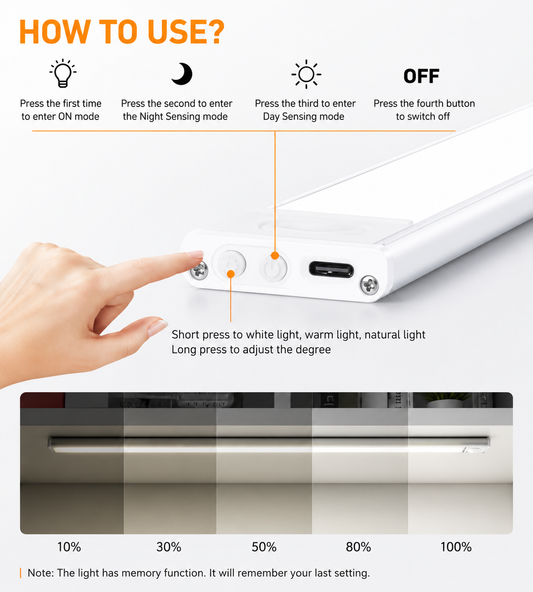 20CM Rechargeable Motion Sensor Under Cabinet LED Light | 3 Color Modes