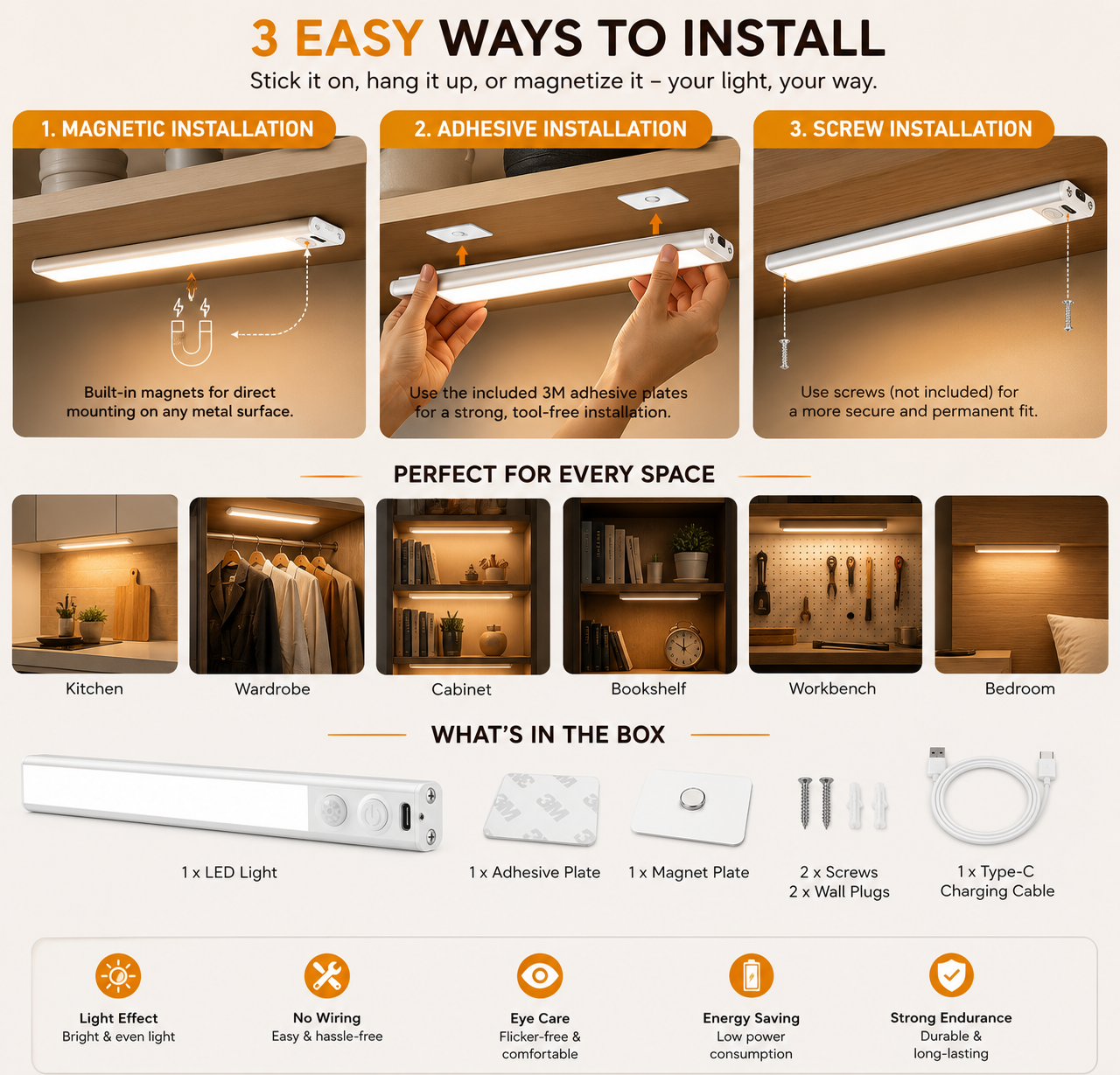 20CM Rechargeable Motion Sensor Under Cabinet LED Light | 3 Color Modes